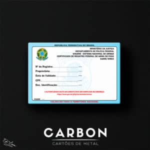 CRAF em metal com gravação colorida, emitido pela Polícia Federal, certificado durável e sofisticado para registro de arma de fogo.